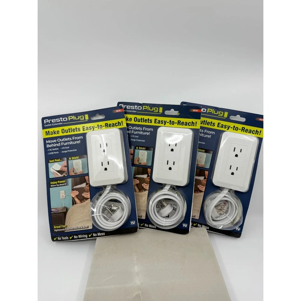 Presto Plug Wall Outlet Extender 4 ft Cord Peel & Stick Set Of Three No Mess